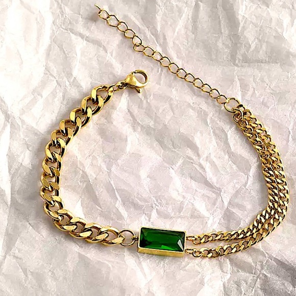 Gold 18K GP Emerald Green Chain Link Bracelet - Picture 5 of 12